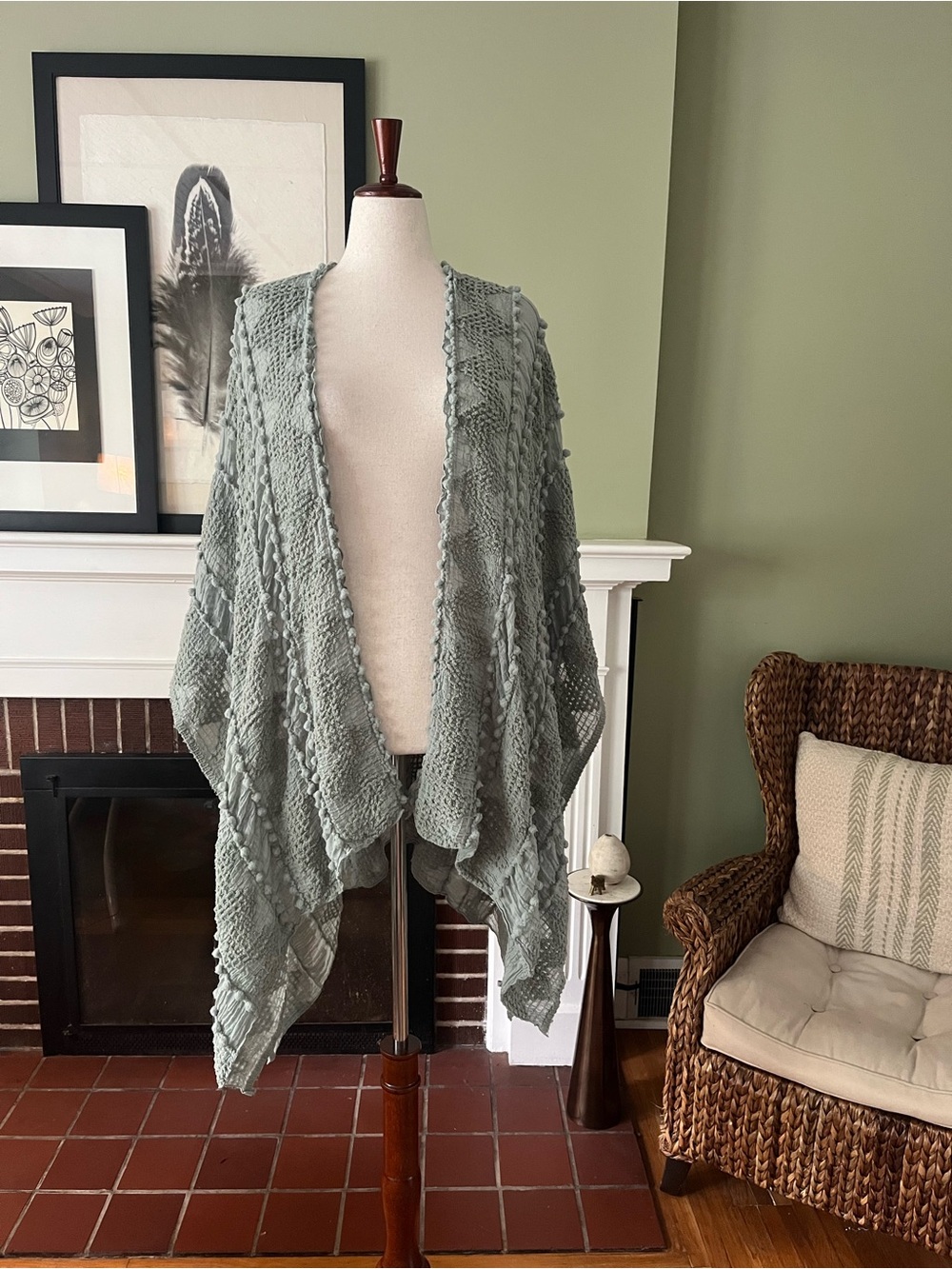 Sage Green Pom Pom Kimono Wrap | Textured Open Front - Picture 2 of 7